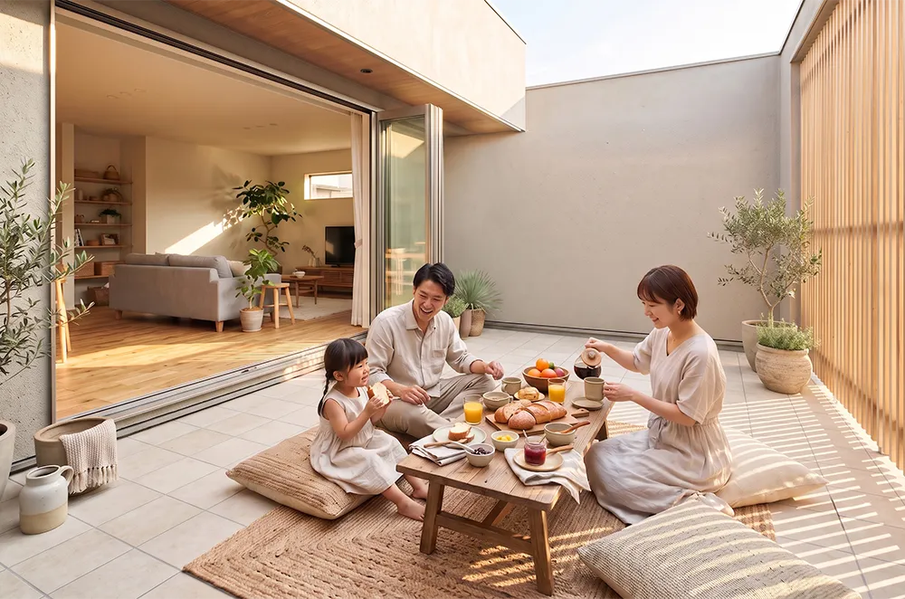 nui patio 中庭スペース タイルテラスで朝ごはん