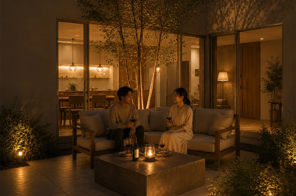 nui patio 中庭スペース 夜のライトアップ