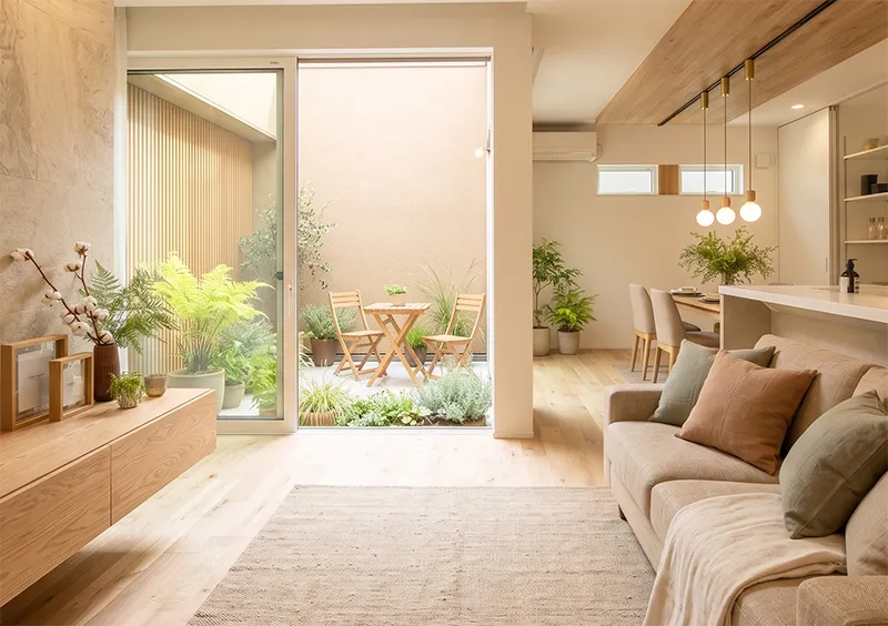 nui patio 内観実例 オープンキッチン 心地よい素材と色の住まい