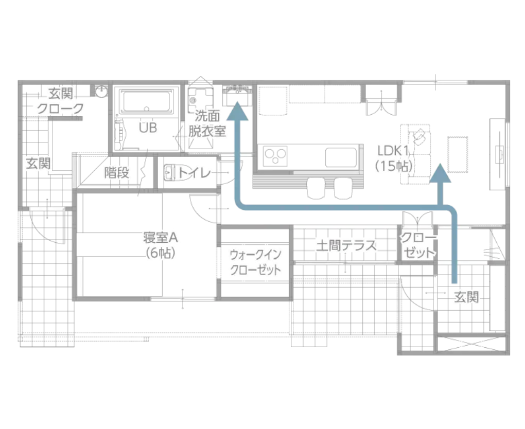 1F 帰宅動線 家事ラク動線を実現した間取り