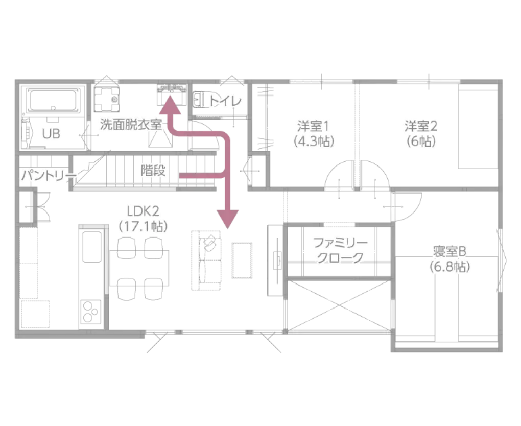 2F 帰宅動線 家事ラク動線を実現した間取り