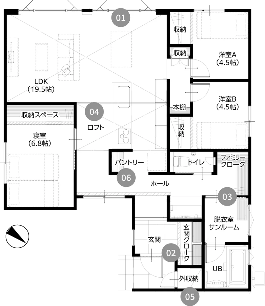 新潟市 平屋 間取り図 30坪 3LDK 動線